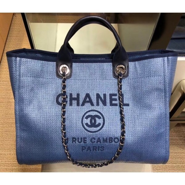 AAA 1:1 Chanel Deauville Canvas Tote Medium Shopping Bag Blue AQ03142