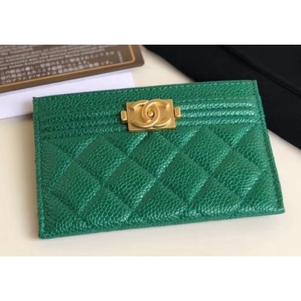 AAA 1:1 Chanel Pearl Caviar Leather Boy Card Holder Green 2018 AQ04198