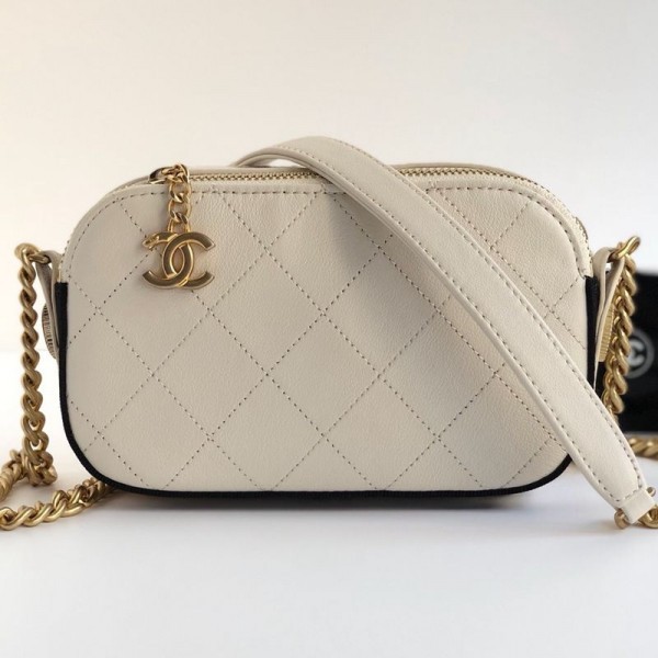 AAA 1:1 Chanel Quilted Calfskin Button Side Camera Case Bag A57574 White 2019 Collection AQ02680