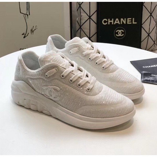 AAA Chanel CC Logo Sequins & Leather Sneakers G35936 White 2020 Collection AQ01707
