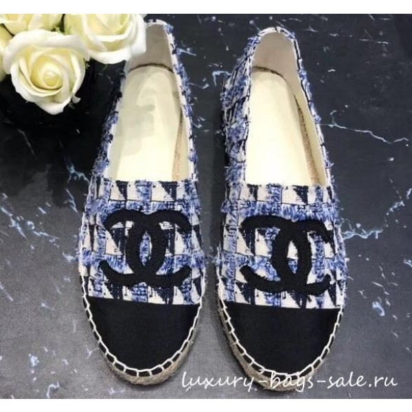 AAA Chanel CC Logo Tweed Fabric Espadrilles G34436 Blue 2019 AQ00506