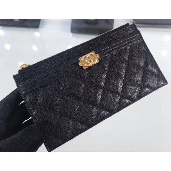 AAA Chanel Grained Leather Boy Pouch Clutch Bag A84478 Black/Gold AQ01916