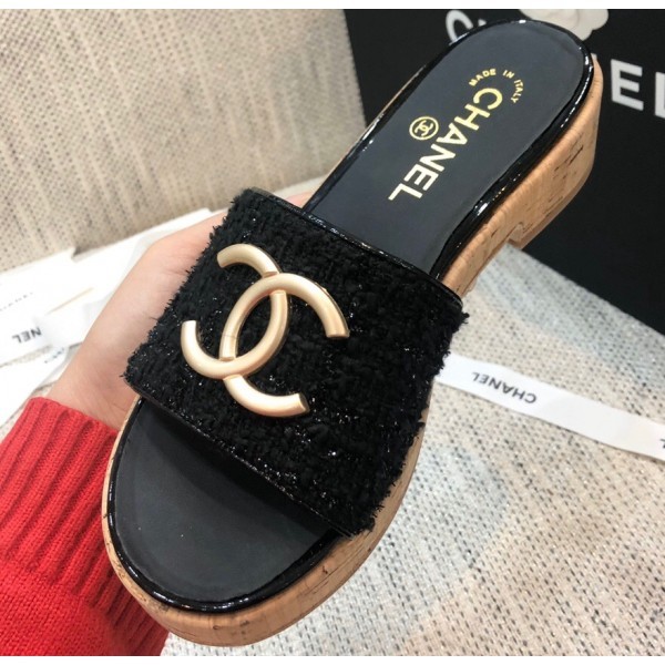 AAA Chanel Heel Gold CC Logo Mules G36065 Black 2020 AQ03096