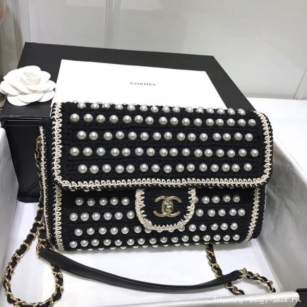 AAA chanel pearl knitwear classic flap bag black AQ03197