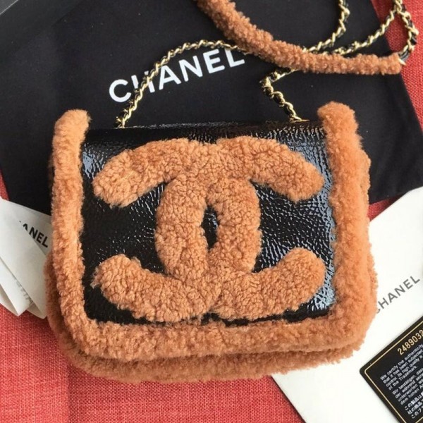 AAA Chanel Shearling Sheepskin and Vintage Leather Flap Bag AS0321 Black/Brown 2019 Collection AQ03423