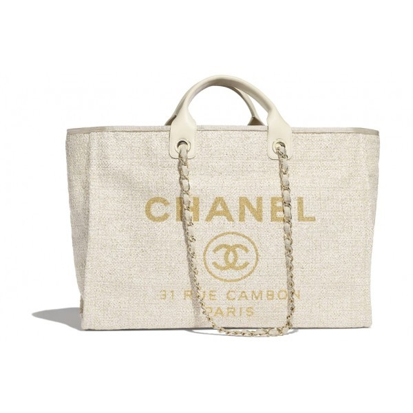 AAA Chanel Toile Large Deauville Canvas Shopping Bag Ivory 2019 Collection AQ03920