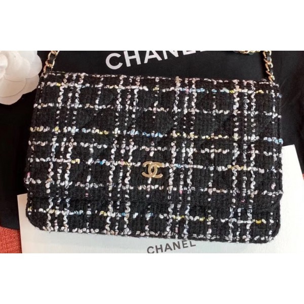 AAA Replica Chanel Cotton Tweed Classic Wallet On Chain WOC Bag A33814 Black 2019 AQ00505