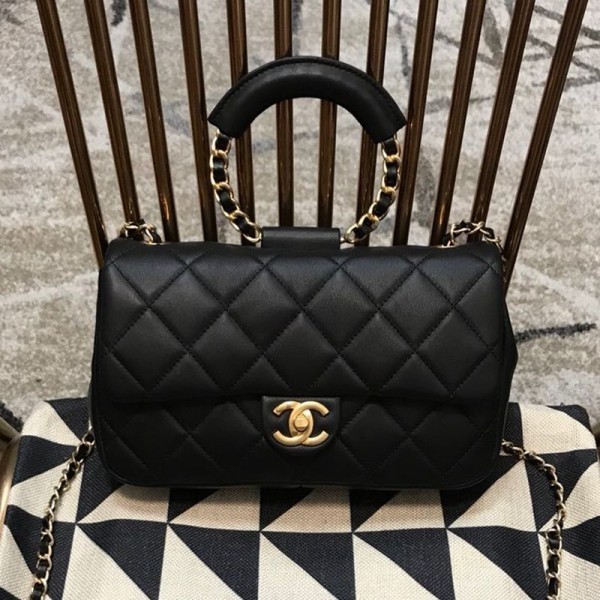 AAA Replica Chanel Quilted Lambskin Medium Flap Bag with Ring Top Handle AS1358 Black 2020 Collection AQ01584