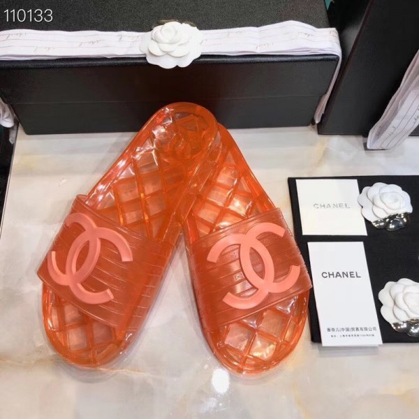 AAAAA Chanel CC Logo Transparent PVC Shower Shoes Mules Slipper Sandals Orange 2019 AQ00959