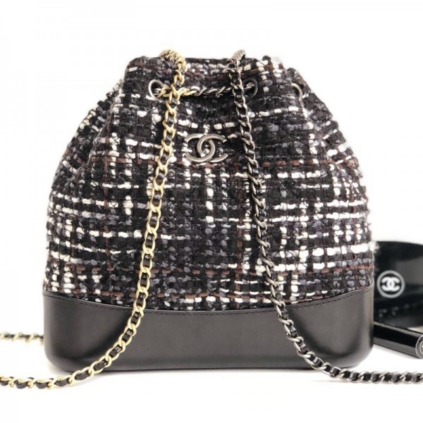 AAAAA Chanel Tweed Drawstring Gabrielle Small Backpack A94485 Black/White 2019 Collection AQ00591