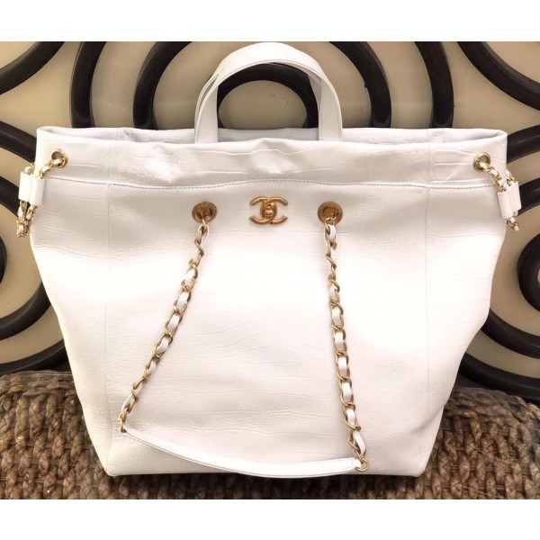 Chanel Metallic Crocodile Embossed Large Shopping Bag AS0801 White 2019 AQ03774