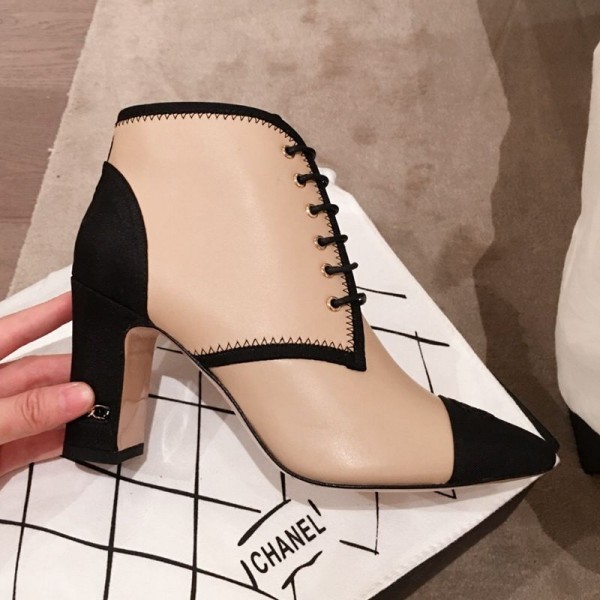 Chanel Stitching Lambskin Heel Short Boots Nude 2019 Collection AQ04233