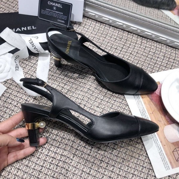 Copy Chanel Pearl Heel Slingback Pumps G34597 Black 2019 Collection AQ02895