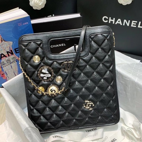 Fashion Chanel Aged Calfskin Small Shopping Bag With Charm AS1431 Black 2020 Collection AQ02387