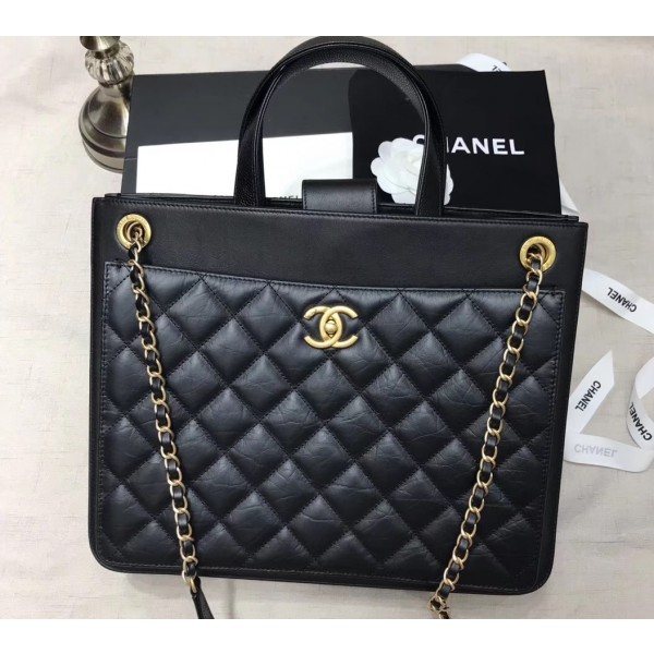 High Quality Chanel Quilting Shopping Tote Bag Black/Gold 2019 AQ01469