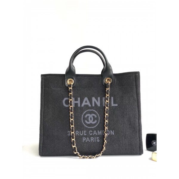 Imitation Chanel Toile Large Deauville Canvas Shopping Bag Black 2019 Collection AQ02395