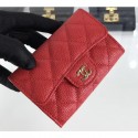AAA Imitation Chanel Grained Leather Classic Flap Card Holder A80799 Red/Gold AQ01360