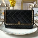Chanel Quilted Grained Leather Chain Trim Wallet on Chain WOC Black 2019 Collection AQ04000