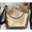 Fake Chanel Crocodile Embossed Calfskin Button Up Hobo Bag Metallic Gold 2019 AQ03629