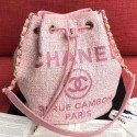 Imitation Chanel Fabric Logo Print Small Drawstring Bucket Bag Pink 2019 Collection AQ03027