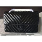 Imitation 1:1 Chanel Patent Metallic Crumpled Calfskin Chevron Classic Flap Medium Bag Black 2018 AQ03994