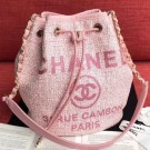 Imitation Chanel Fabric Logo Print Small Drawstring Bucket Bag Pink 2019 Collection AQ03027