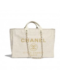 AAA Chanel Toile Large Deauville Canvas Shopping Bag Ivory 2019 Collection AQ03920