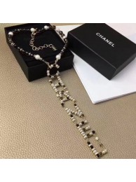 Best Quality Chanel Glass Pearl Y Necklace with CHANEL Logo Pendant AB2500 2019 Collection AQ01694