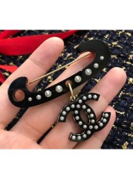 Chanel Acrylic Pin Brooch with CC Pendant Black/Pearly White/Gold 2018 AQ03017