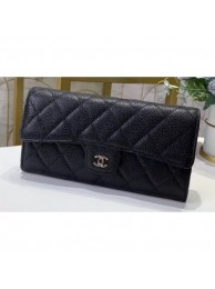 Chanel Classic Long Flap Wallet 30077 Grained Calfskin Black/Silver AQ03108