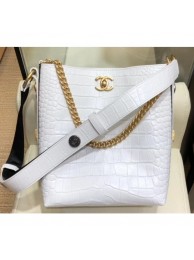 Chanel Crocodile Embossed Calfskin Button Up Hobo Bag White 2019 AQ02329