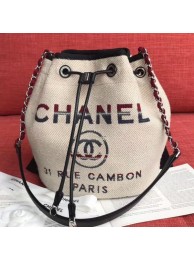 Chanel Fabric Logo Print Small Drawstring Bucket Bag Beige White 2019 Collection AQ04023