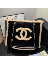 Chanel Shiny Vintage Crumpled Sheepskin and Shearling Sheepskin Shopping Tote Bag AS1167 Black/Beige 2019 Collection AQ04066