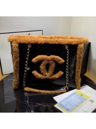 Chanel Shiny Vintage Crumpled Sheepskin and Shearling Sheepskin Shopping Tote Bag AS1167 Black/Brown 2019 Collection AQ02487