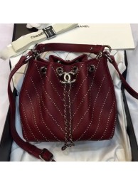 Chanel Studded Chevron Calfskin Bucket Bag Burgundy 2019 Collection AQ03370