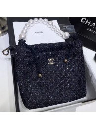 Cheap Replica Chanel Tweed with Imitation Pearls Hobo Shopping Tote Bag Navy Blue 2019 AQ01095