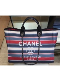 Copy Best Chanel Canvas Deauville Shopping Bag A66941 Stripe Black/Blue/Red 2018 AQ02411