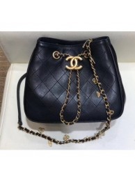 Copy Chanel Charms Lambskin Drawstring Bucket Mini Bag Black 2019 AQ01039