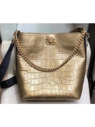 Fake Chanel Crocodile Embossed Calfskin Button Up Hobo Bag Metallic Gold 2019 AQ03629