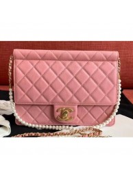 Fake Chanel Lambskin with Imitation Pearls Small Flap Bag AS0582 Pink 2019 AQ02716
