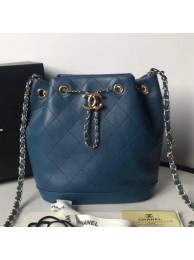 Fake Chanel Quilted Leather Chain Drawstring Small Bucket Bag Blue 2019 Collection AQ02495