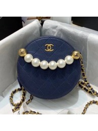 Fake Chanel Quilted Leather Pearl Round Clutch with Chain Blue 2019 Collection AQ03173