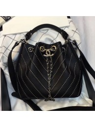 Fake Chanel Studded Chevron Calfskin Bucket Bag Black 2019 Collection AQ02381