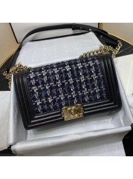 Fake Chanel Tweed Medium Boy Flap Bag Black/White/Blue 2019 Collection AQ00641