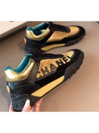 First-class Quality Chanel Logo Metallic Lambskin and Fabric Sneakers G34086 Black/Gold 2019 AQ01038