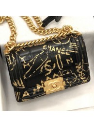 High Imitation Chanel Crocodile Embossed Graffiti Leather Small Boy Flap Bag A67085 Black 2019 Collection AQ01182