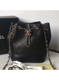 Hot Knockoff Chanel Quilted Leather Chain Drawstring Small Bucket Bag Black 2019 Collection AQ03678