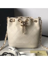 Imitation Chanel Quilted Leather Chain Drawstring Mini Bucket Bag White 2019 Collection AQ02589