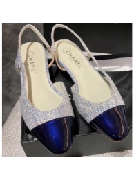 Replica Chanel Heel 2cm Flat Slingbacks G31319 Tweed/Patent Dark Blue AQ02314