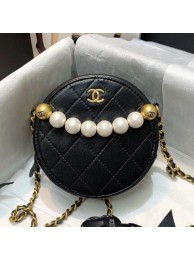 Replica Chanel Quilted Leather Pearl Round Clutch with Chain Black 2019 Collection AQ03179